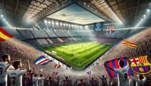A dramatic scene of a football stadium during a high-stakes match between Real Madrid and Barcelona. The stadium is packed with cheering fans waving w