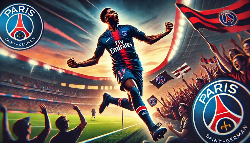 A dynamic and action-packed illustration featuring Ousmane Dembélé celebrating a goal in his Paris Saint-Germain (PSG) jersey. The scene shows him on