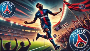A dynamic and action-packed illustration featuring Ousmane Dembélé celebrating a goal in his Paris Saint-Germain (PSG) jersey. The scene shows him on