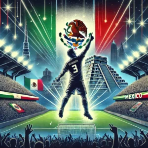 A visually striking illustration of a football stadium at night, filled with a vibrant crowd. The central focus is on a star player, depicted as a sil