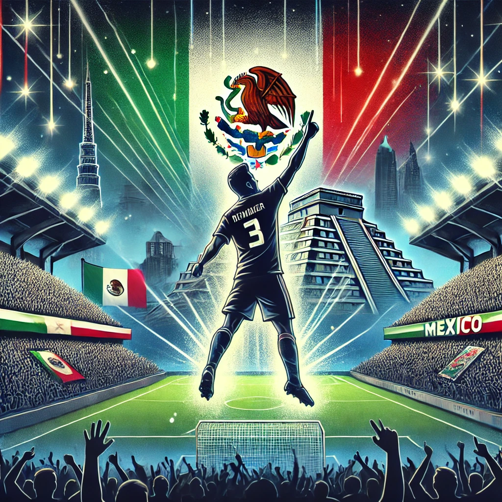 A visually striking illustration of a football stadium at night, filled with a vibrant crowd. The central focus is on a star player, depicted as a sil