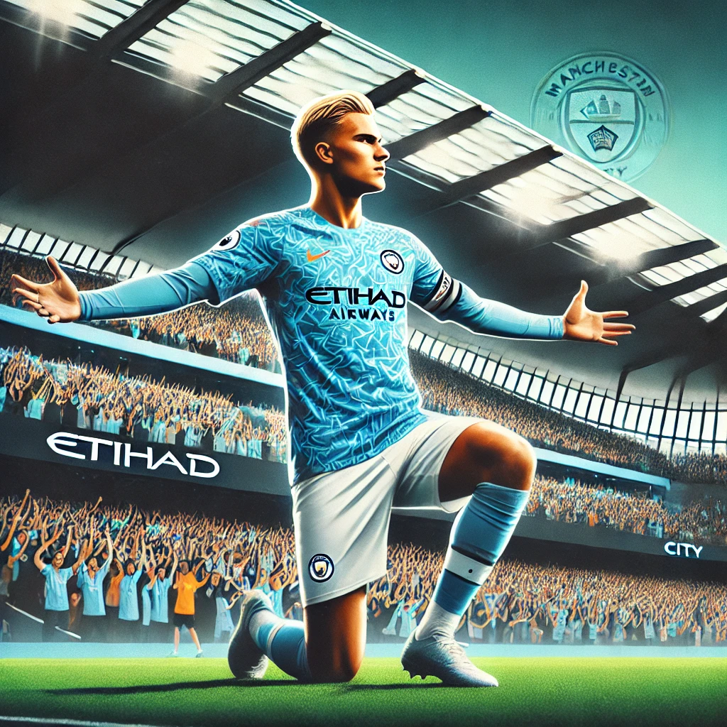 A dynamic and eye-catching illustration of Erling Haaland wearing the Manchester City jersey, celebrating a goal on the Etihad Stadium pitch. The back